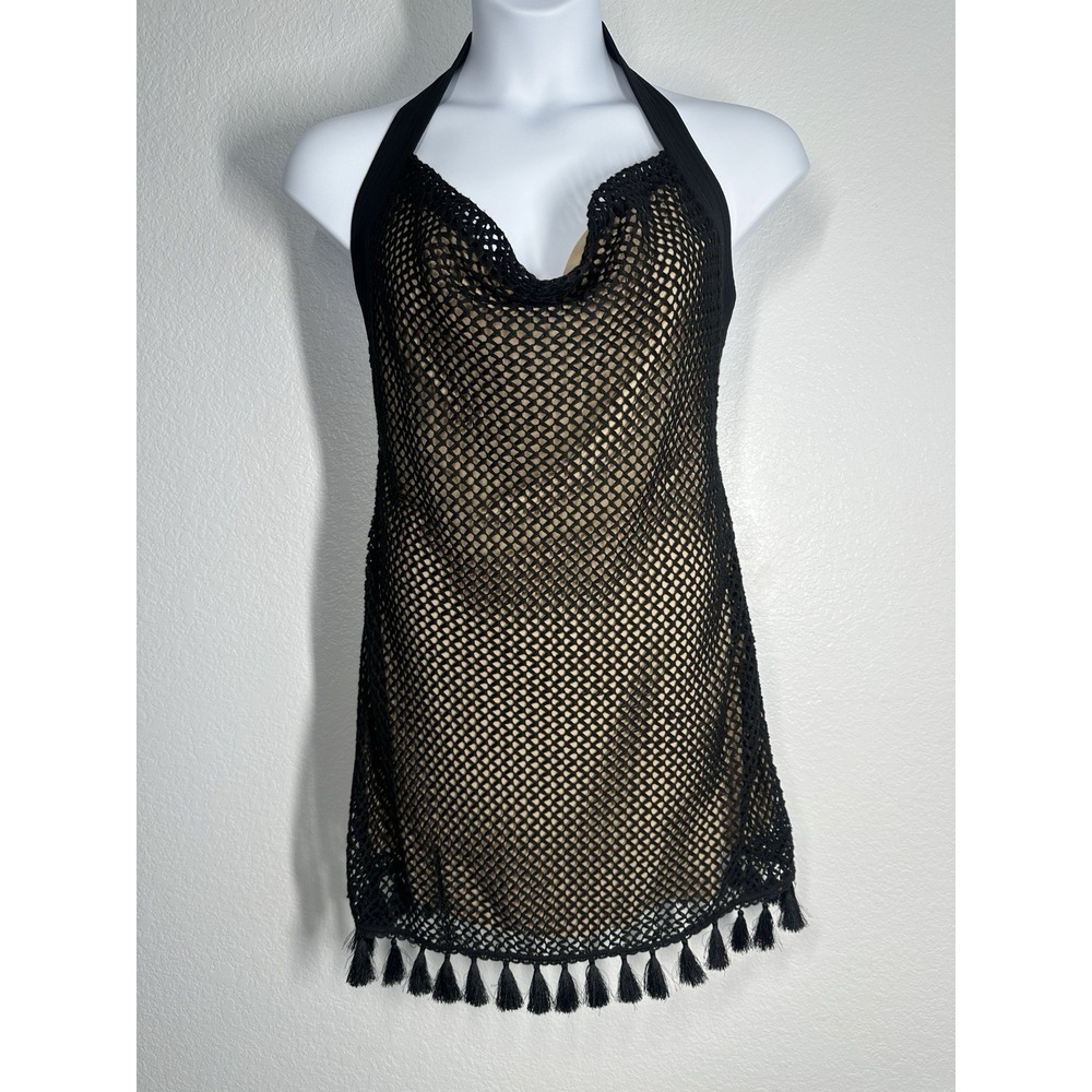 NWT SkyLar Rose Black Crochet Illusion Tassel Dress Swim Cover Sz: L